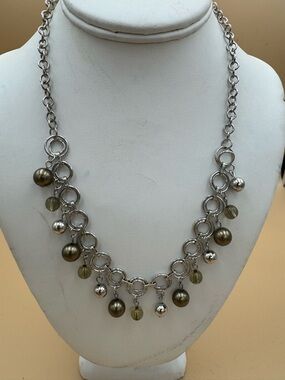 Artisan Silver-Tone Chain Necklace with Olive Green Beads. 97